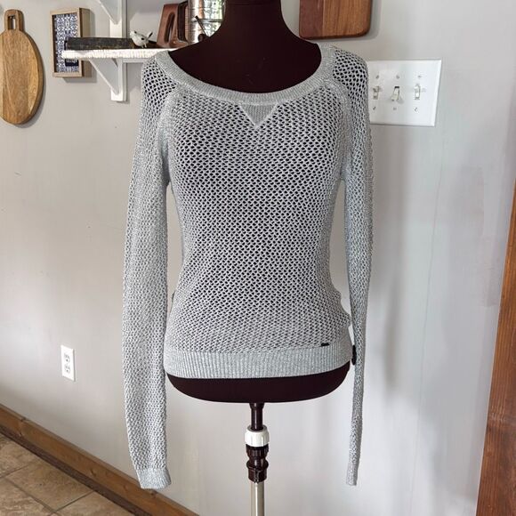 Hollister metallic silver open weave sweater womens size small y2k sheer crochet - Picture 1 of 10